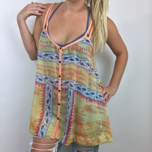 Free People Tops - {Free People} Sheer Multi-Printed Boho Tank Blouse